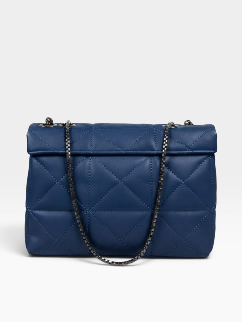 A blue quilted leather shoulder bag with a diamond pattern, featuring a dark metal chain strap and silver-tone hardware, photographed against a light gray background.