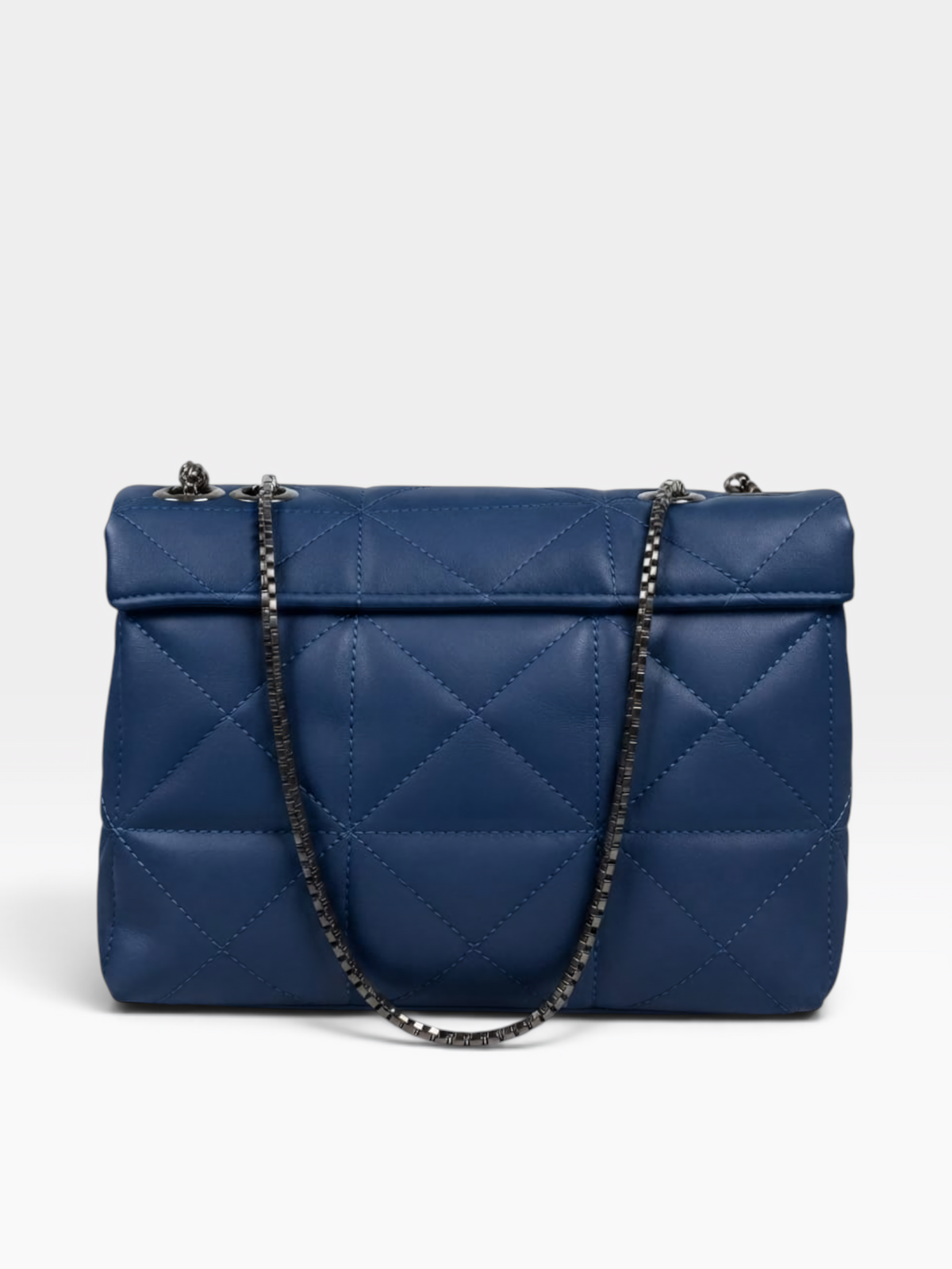 A blue quilted leather shoulder bag with a diamond pattern, featuring a dark metal chain strap and silver-tone hardware, photographed against a light gray background.