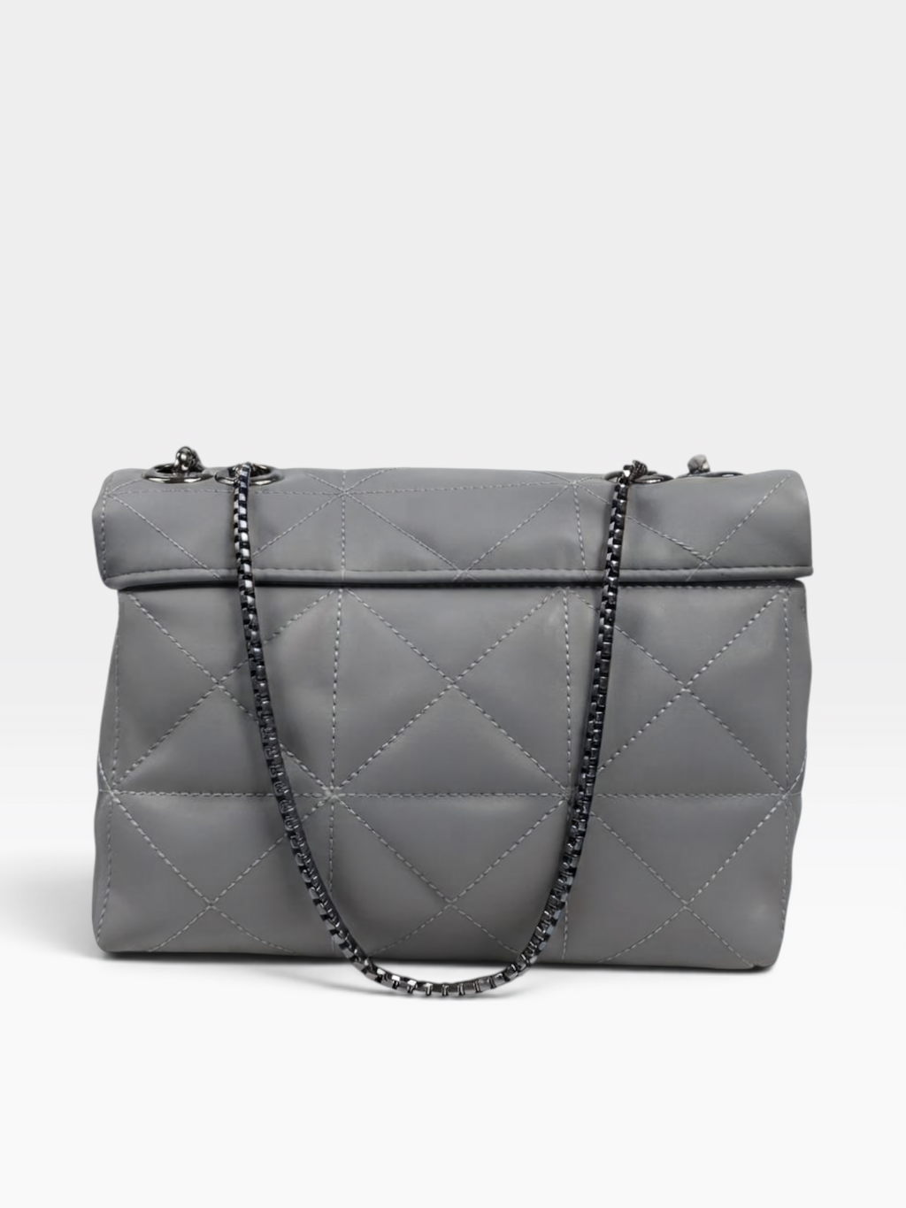 A gray quilted leather shoulder bag with a flap top and a black chain strap, shown against a plain light gray background.