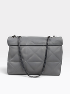A gray quilted leather shoulder bag with a flap top and a black chain strap, shown against a plain light gray background.