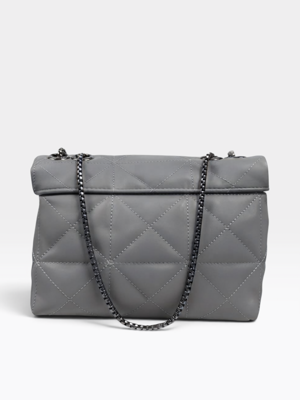 A gray quilted leather shoulder bag with a flap top and a black chain strap, shown against a plain light gray background.