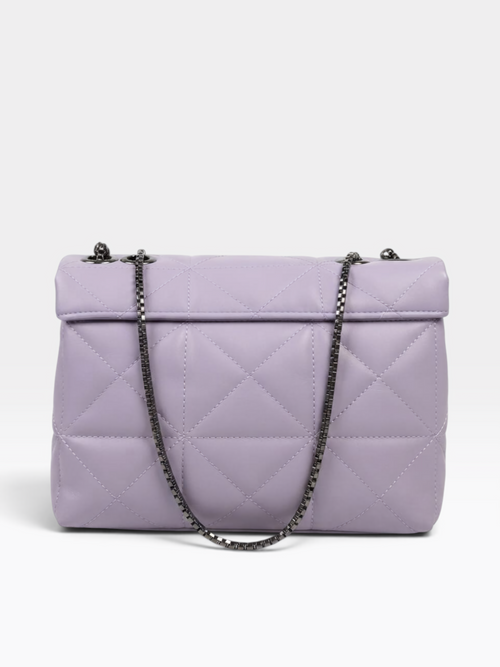 A lavender quilted leather shoulder bag with a dark metal chain strap, shown against a plain light gray background.
