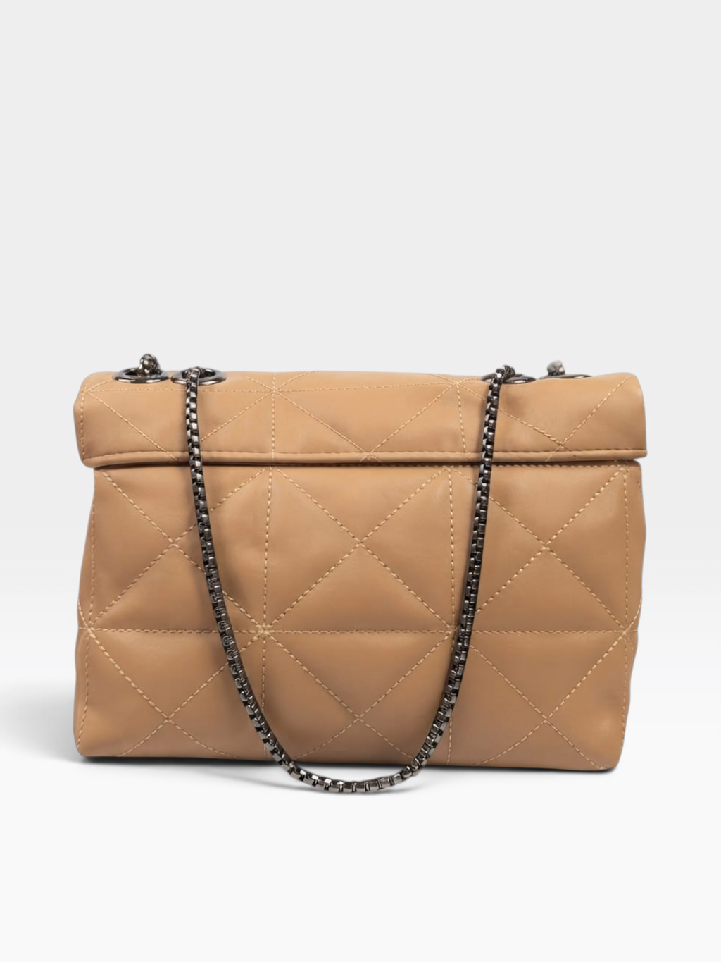 A tan quilted leather shoulder bag with a flap top and a dark metal chain strap, shown against a light gray background.