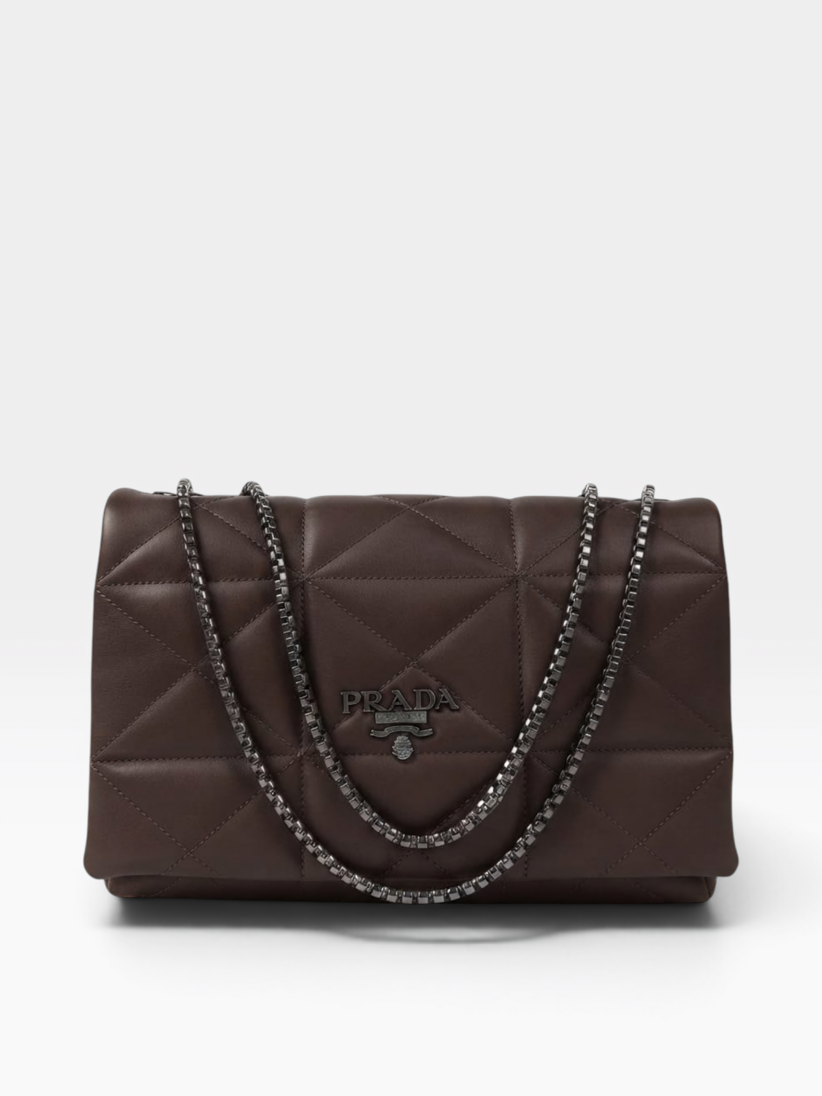 A dark brown Prada quilted leather shoulder bag with a silver-tone chain strap and a central silver-tone logo plaque.