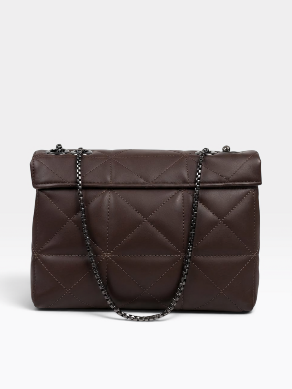 A dark brown quilted leather handbag with a flap top and a black chain strap, photographed against a light gray studio background.