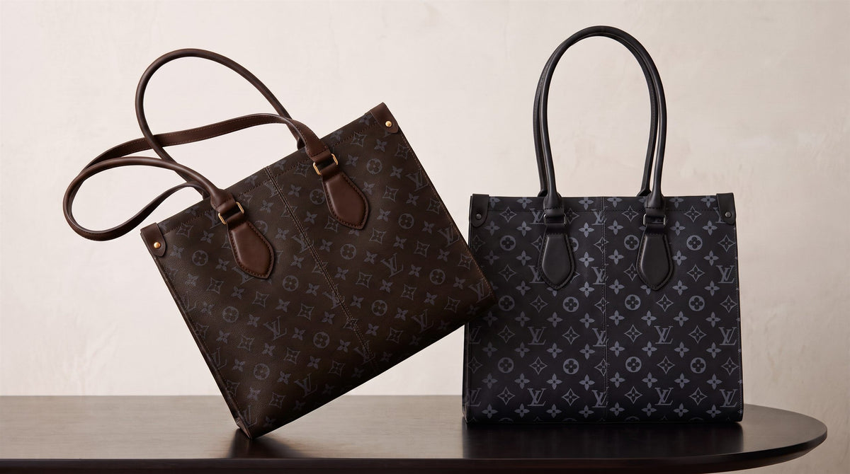 Two Louis Vuitton tote bags with the brand's monogram pattern, one in dark brown and one in black, displayed on a dark wooden table against a light beige background.