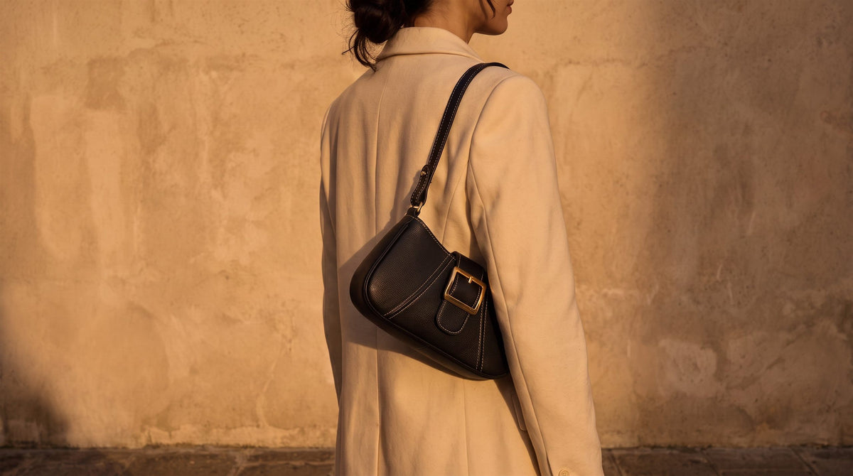 Woman in a beige coat carrying a black shoulder bag with a gold-tone buckle against a sunlit wall.