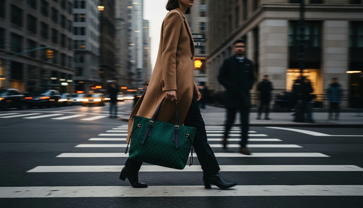 A woman in a tan coat and black pants walks across a city crosswalk while carrying a large green textured tote bag with gold-tone hardware.