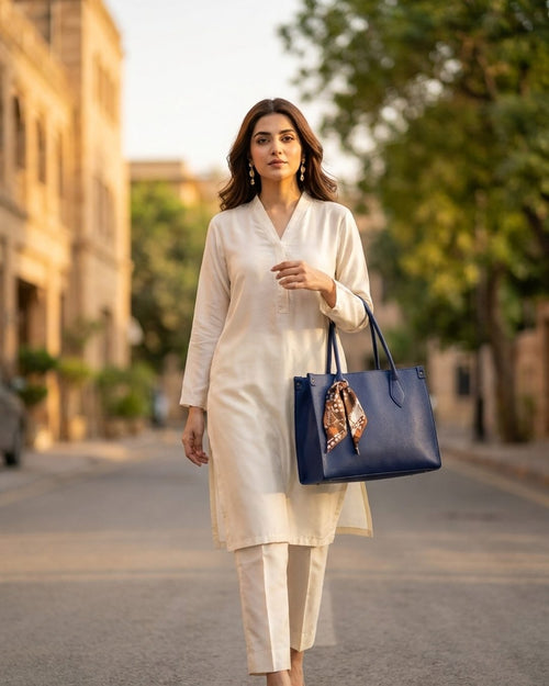 Soft Grain Scarf Detail Tote Bag - carried by model, navy