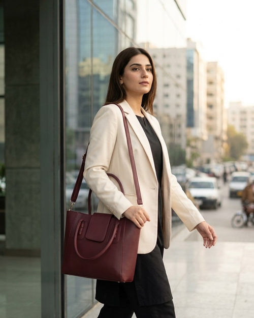 Structured Soft-Touch Everyday Tote - office look on model
